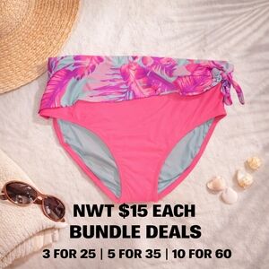 Plus Size Tropical High Waist Bikini Bottom Pink Palm 2X NWT